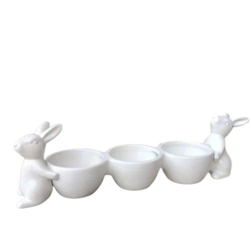 White Ceramic Triple Bunny Bowl Easter